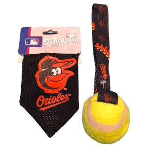 BALTIMORE Orioles MLB Tennis Ball Toy and Bandana Dog Bundle NEW Official